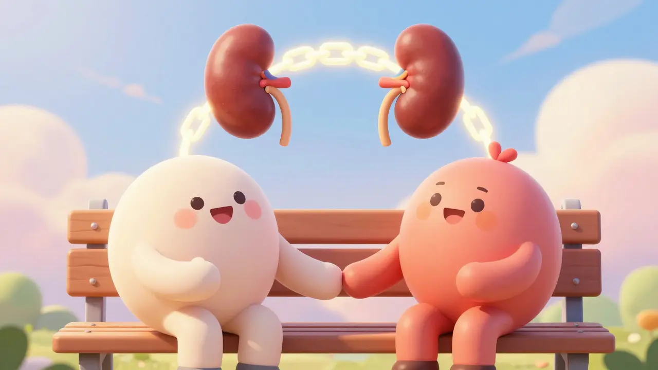 Cartoon characters linked in a kidney paired donation chain under a sunny sky.