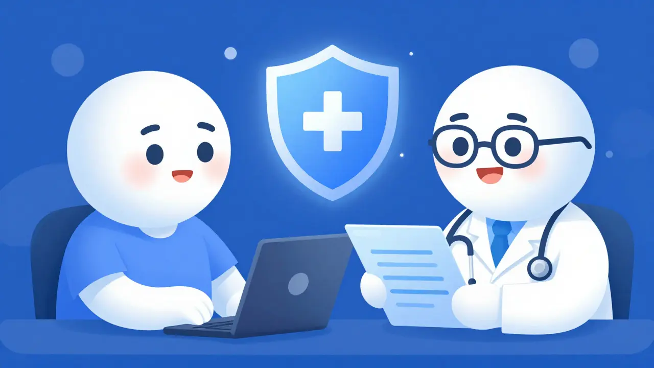 Cartoon patient and doctor connecting via screen with safety shield icon
