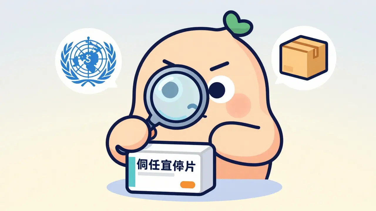 Character checking medication safety with magnifying glass
