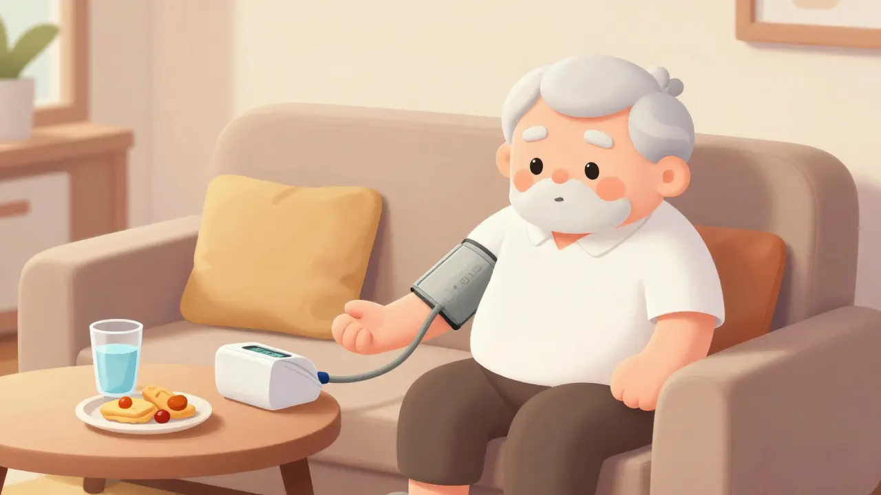 Elderly person monitoring blood pressure at home with a cuff and healthy snack.
