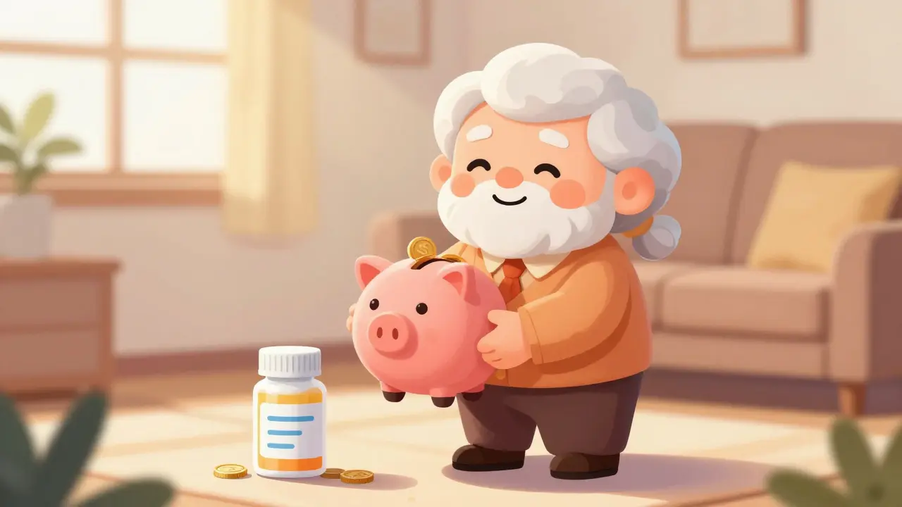 Happy senior saving money with generic medication