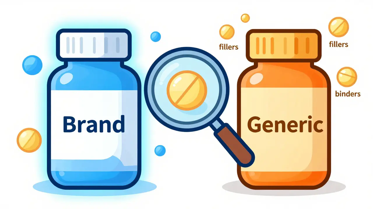 Illustration comparing brand-name and generic pills with bioequivalence focus.