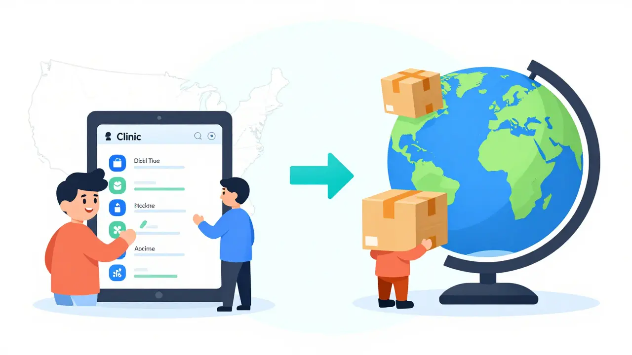 Illustration comparing domestic and international medical access options
