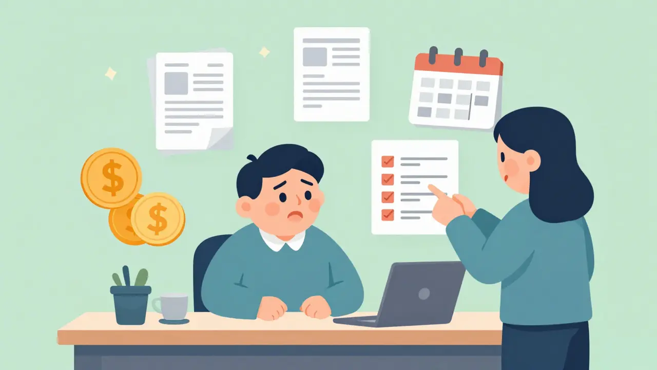 Illustration of patient discussing financial plan with a supportive social worker.