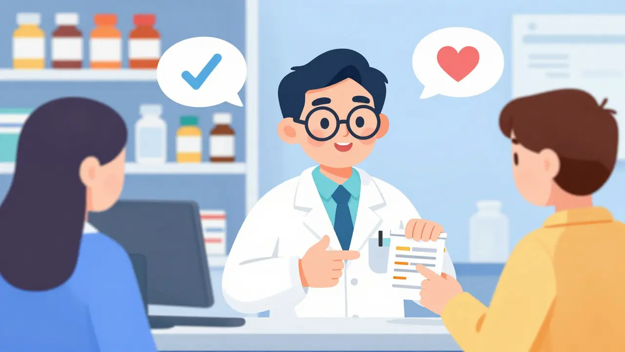 Pharmacist counseling a patient about generic medication substitution.