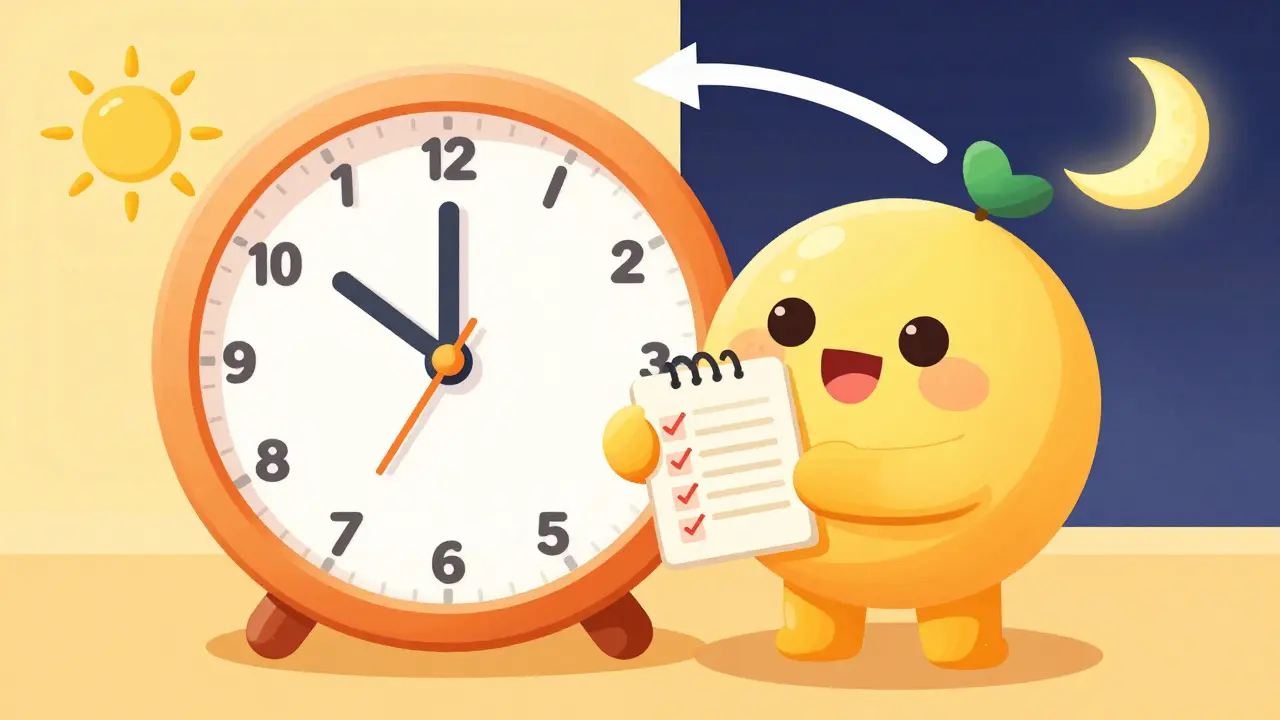 Rounded cartoon character standing by a clock symbolizing consistent sleep schedule
