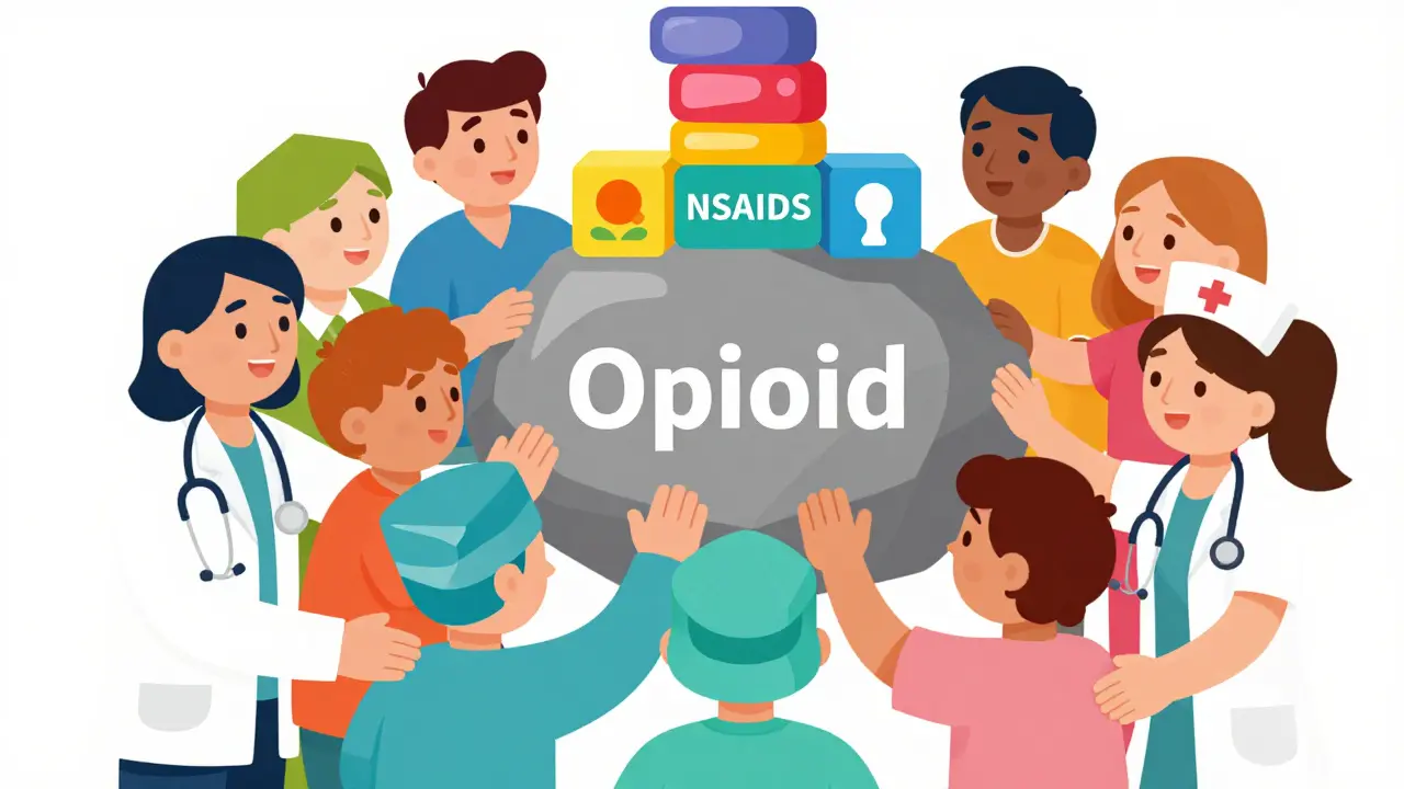 Rounded cartoon medical team collaborating to reduce opioid reliance visually.