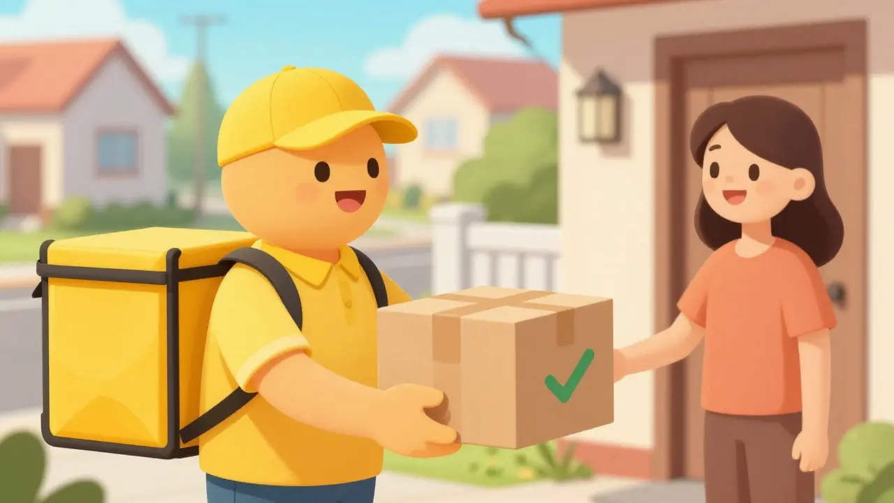Rounded illustration of delivery person handing package to happy customer