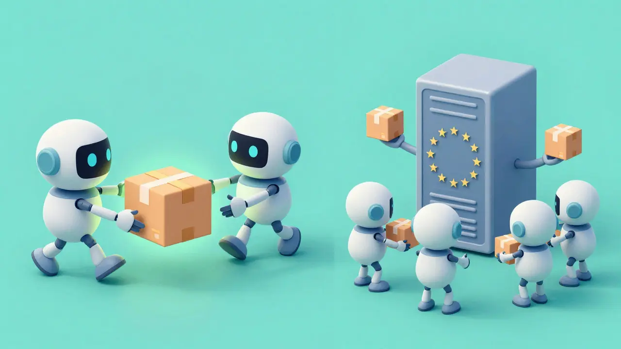 Cartoon illustration comparing decentralized and centralized drug tracking systems.