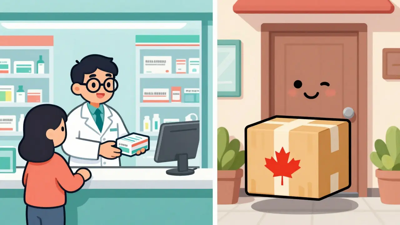 Cartoon pharmacist handing pills to customer and mail order package arrival