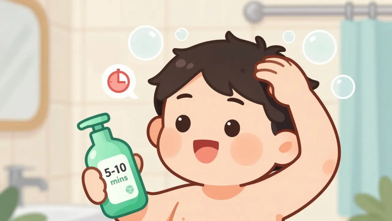 Character applying medicated shampoo to scalp with a timer