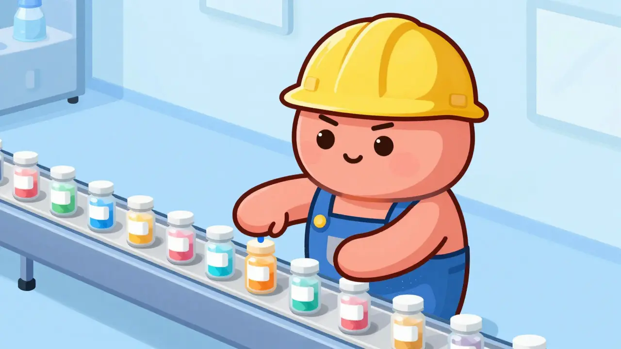 Cute cartoon liver character processing pills on a conveyor belt.