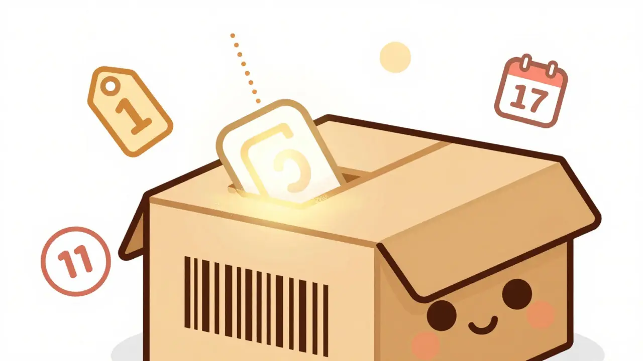 Cute cartoon medicine box with a glowing barcode and floating data icons.