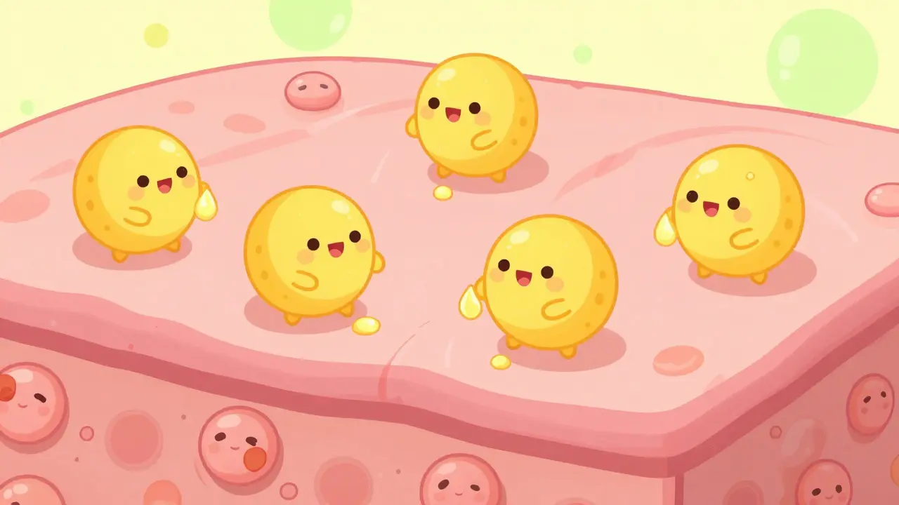 Cute yeast characters feeding on oil on stylized scalp skin