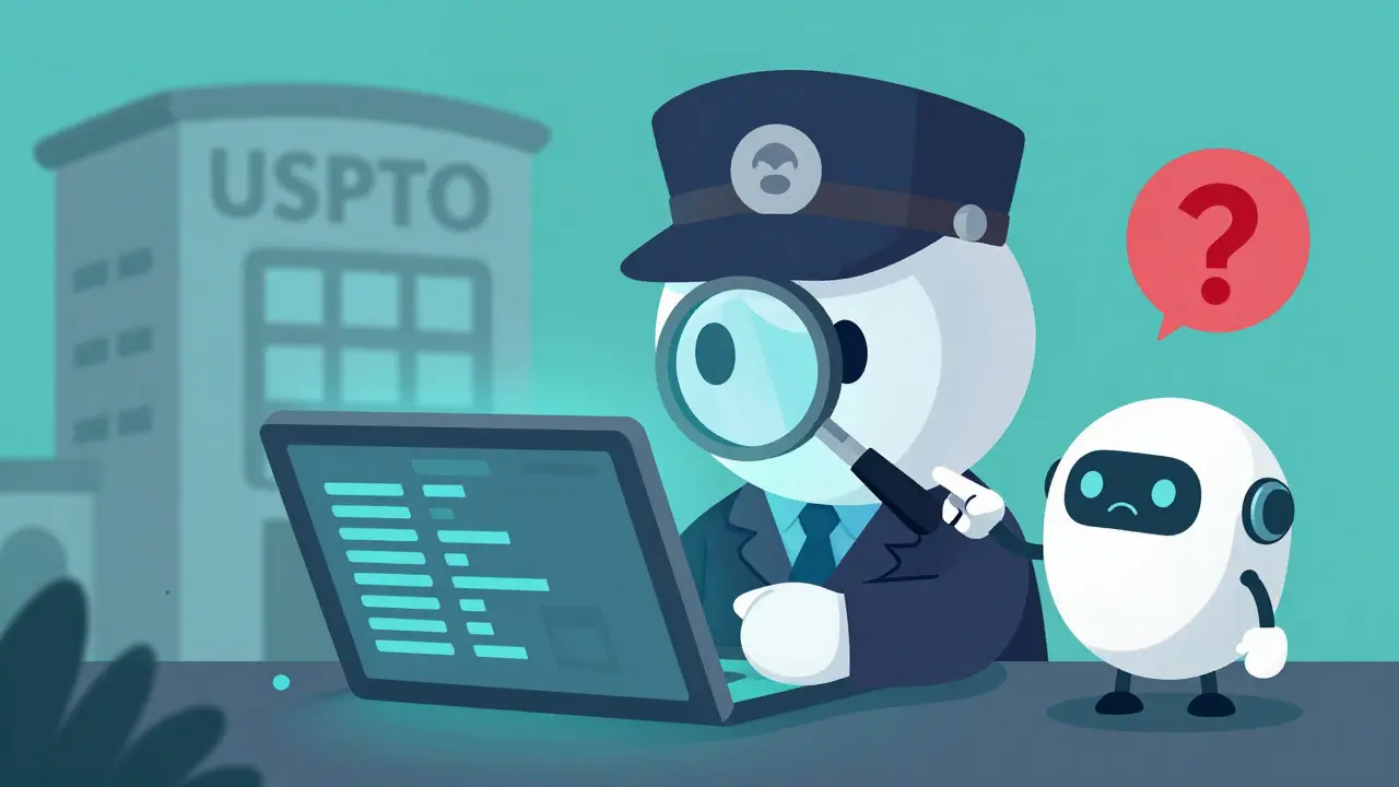 Detective character examining data on a tablet with a warning icon