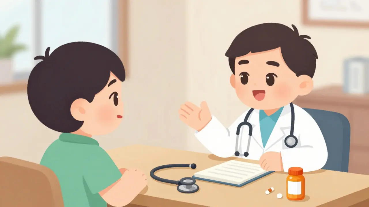 Doctor and patient discussing medication risks in consultation