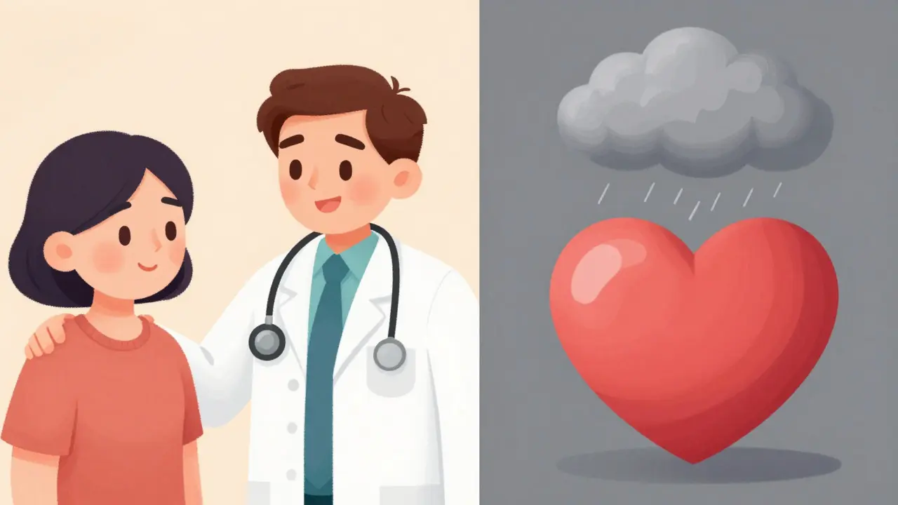 Doctor reassuring a patient about continuing their medication safely.