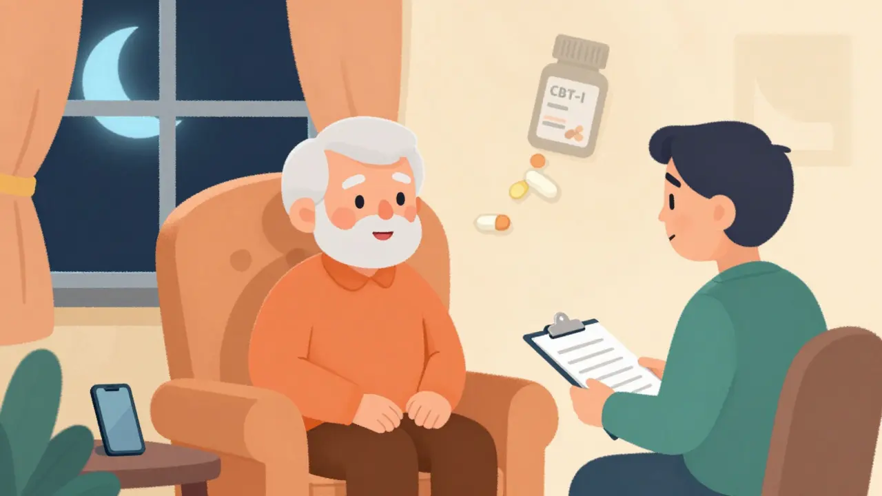 Friendly therapist helping patient choose CBT-I over sleeping pills in cozy room