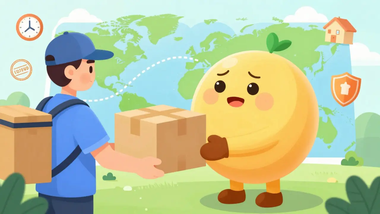 Happy cartoon character receiving discreet medication package from delivery person
