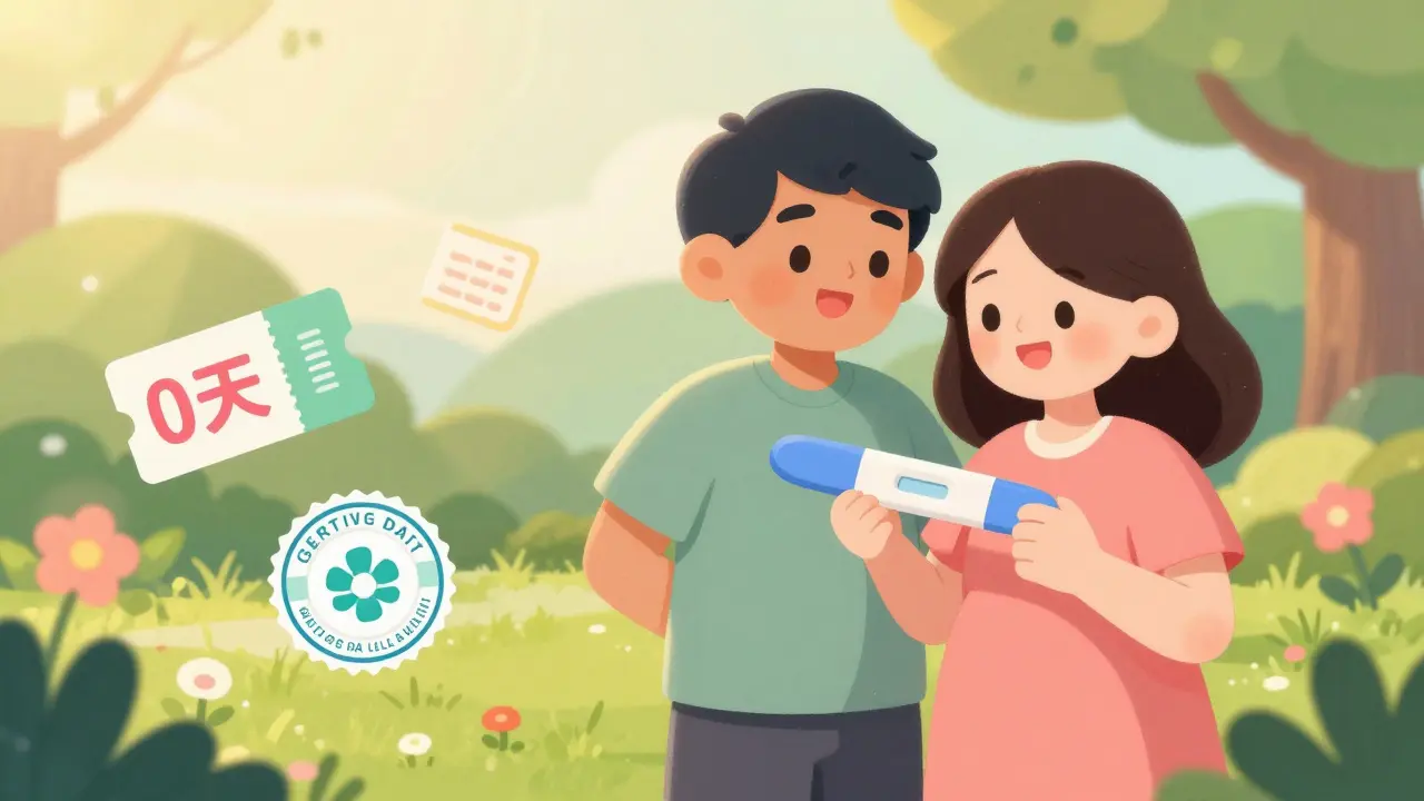 Happy couple holding pregnancy test near symbols of affordable care