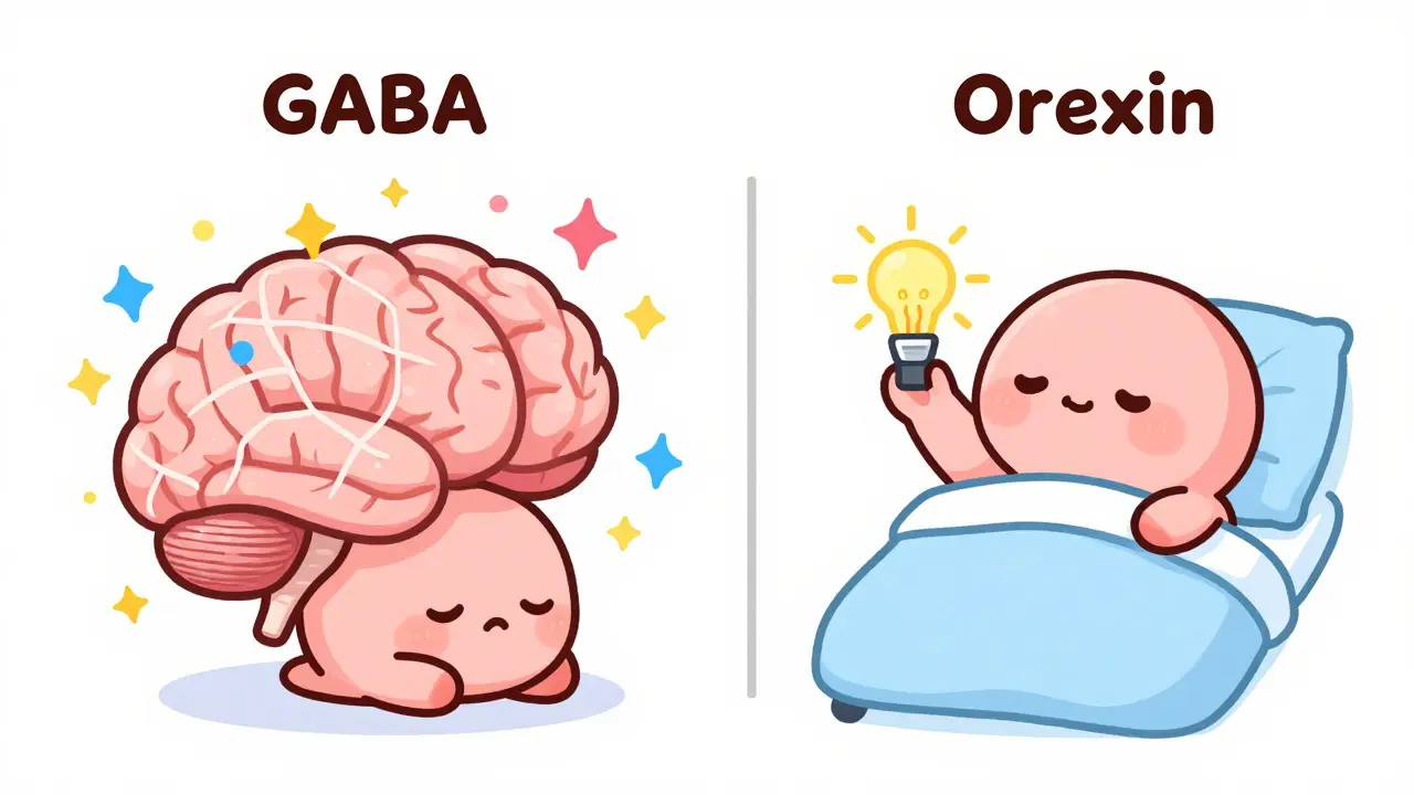 Illustration comparing chaotic GABA drug effects vs calm orexin blocker mechanism