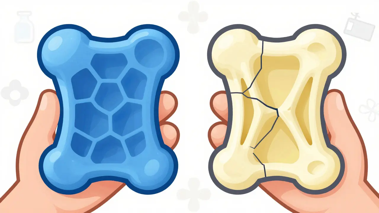 Illustration comparing healthy bone structure versus brittle bone in diabetes