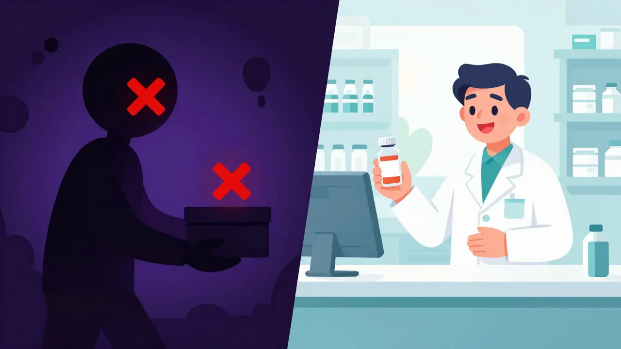 Illustration contrasting unsafe online sellers with safe pharmacy service