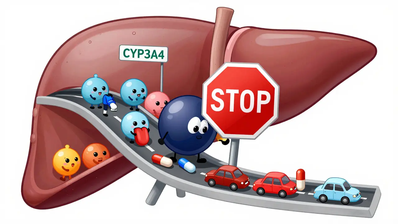 Illustration of antifungal blocking liver enzyme processing statins