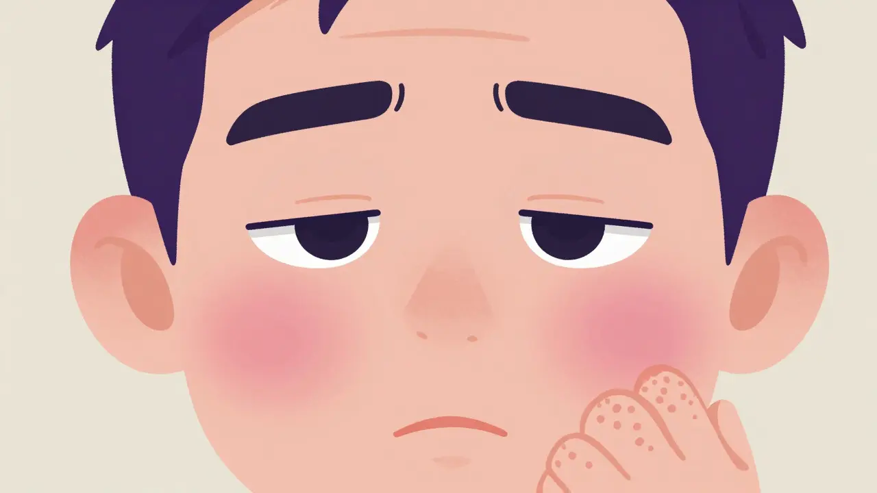 Illustration of character face with purple eye rash and scaly knuckles.