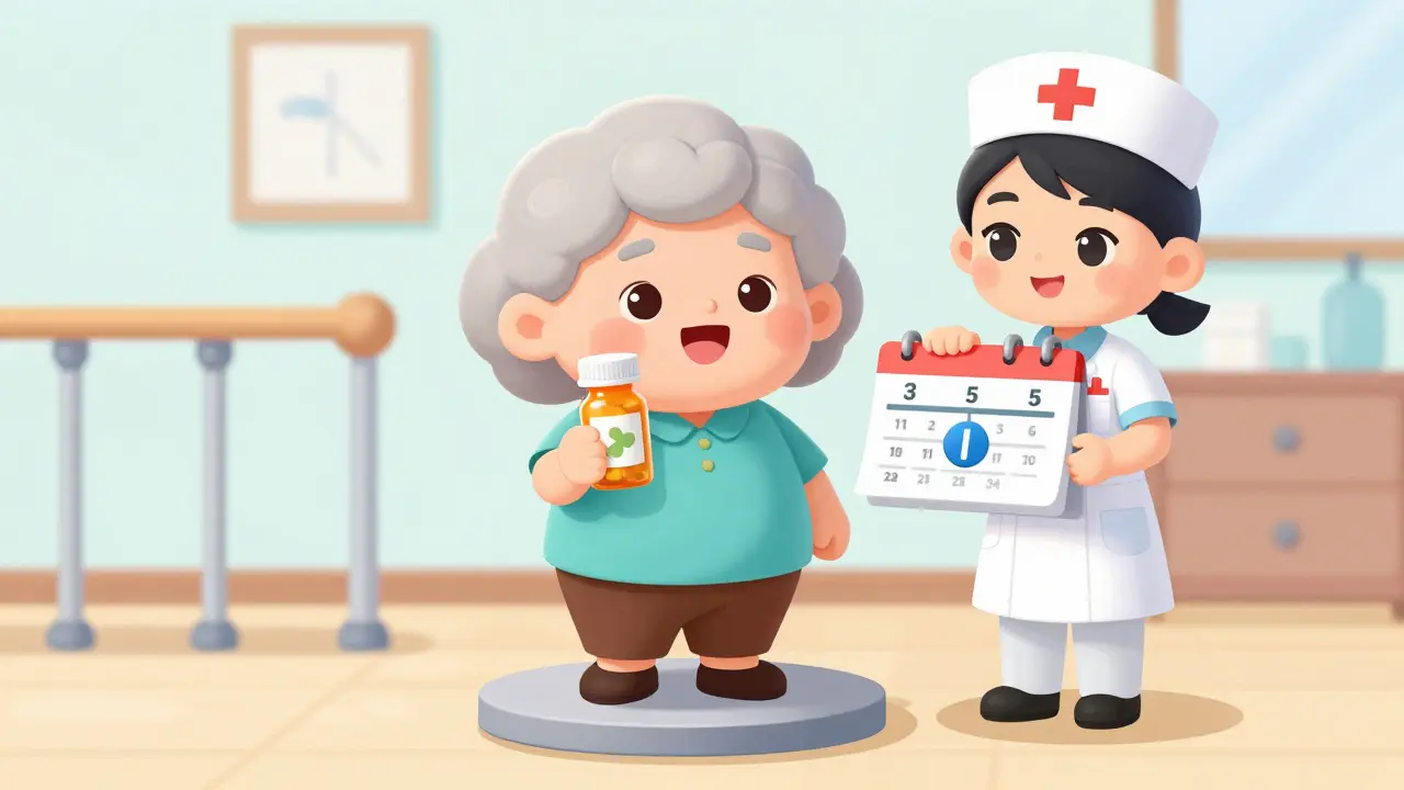 Patient taking medication with a nurse discussing treatment timeline and safety
