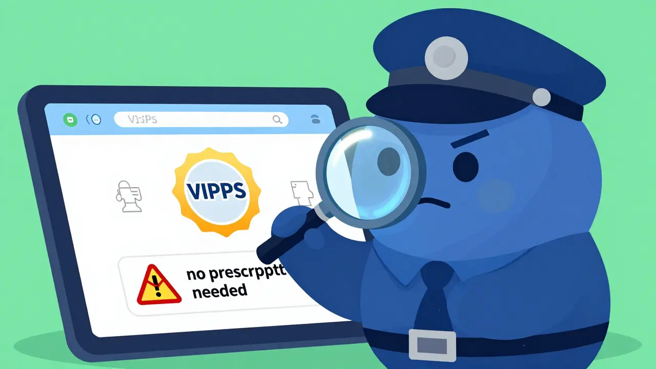Rounded cartoon detective checking pharmacy safety seals on a tablet screen