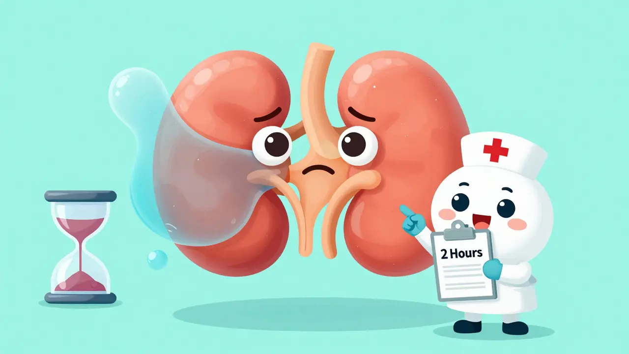 Cartoon kidney being squeezed by drug blob, nurse pointing to time