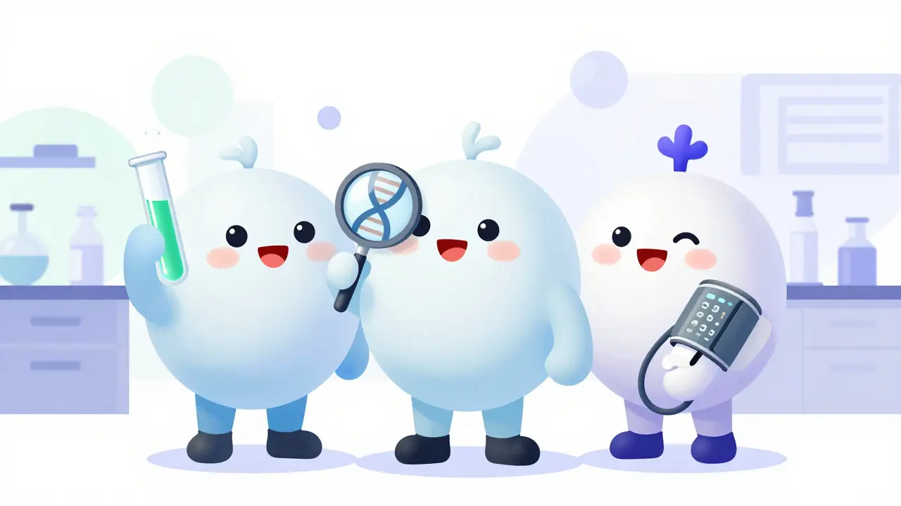 Cartoon team holding test tube, DNA strand, and blood pressure cuff