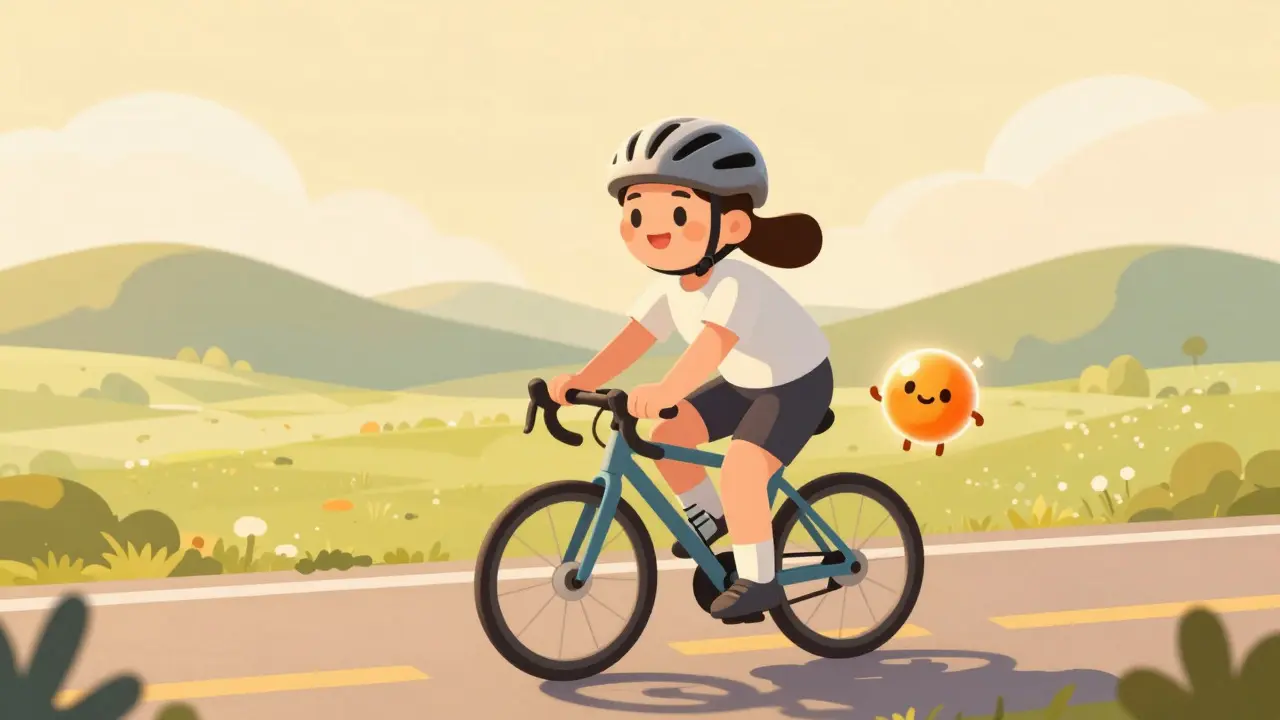 Cartoon woman cycling happily with a glowing energy orb mascot beside her