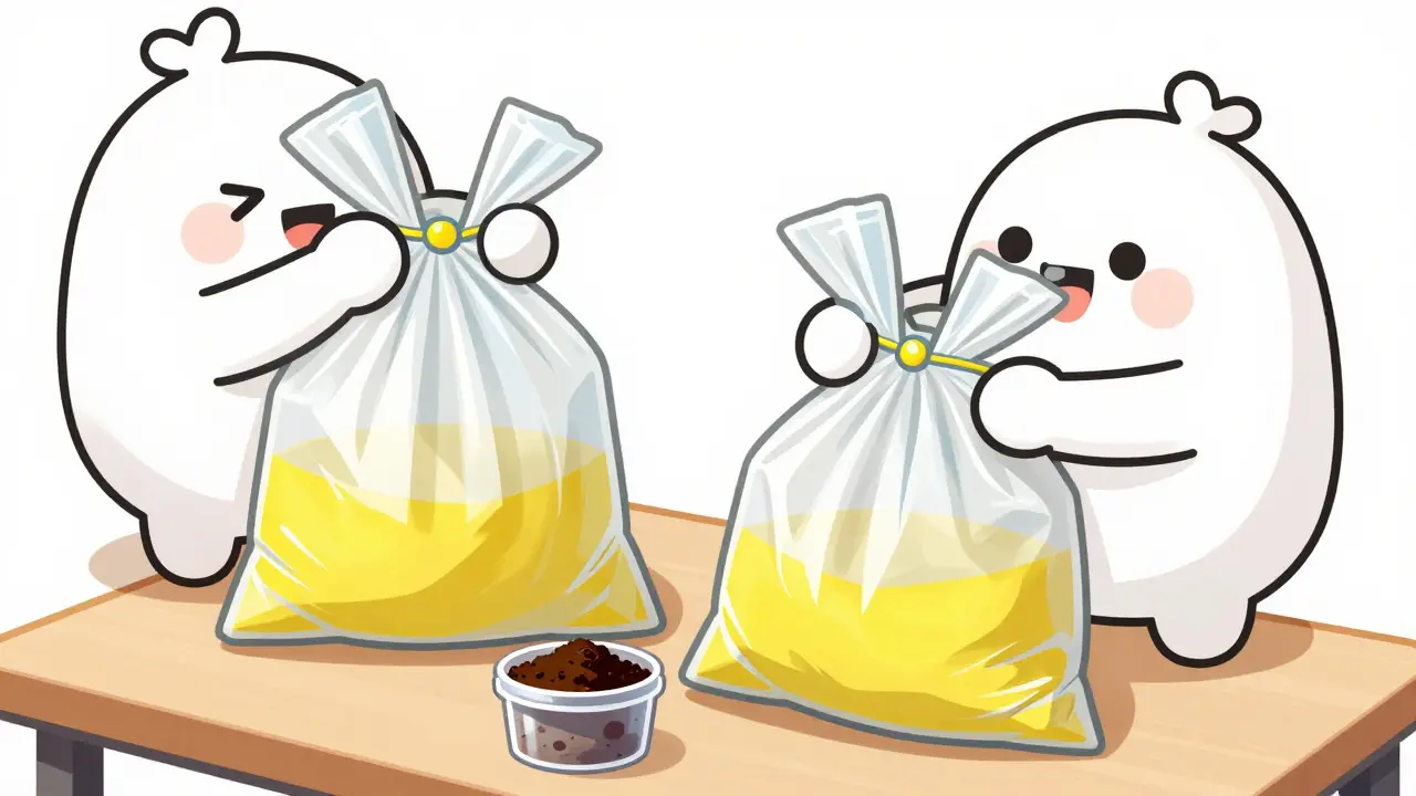 Character double-bagging hazardous waste on a table with absorbent materials