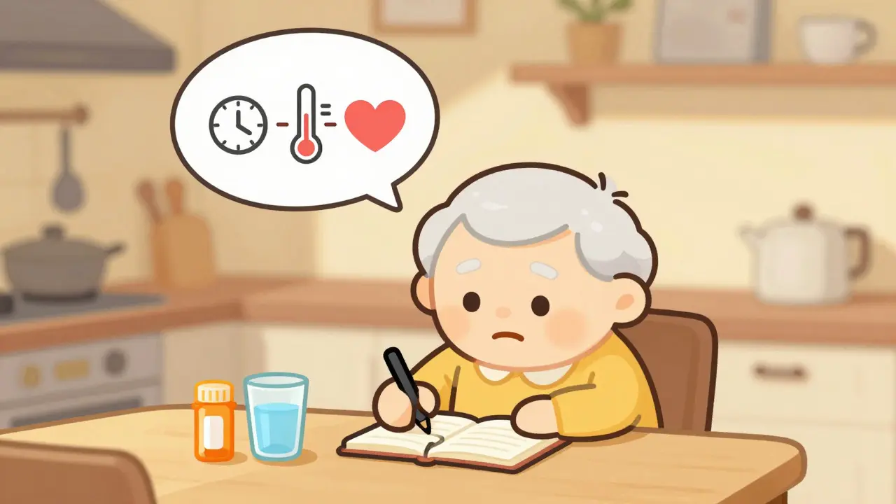 Elderly cartoon character keeping a medication diary at a kitchen table