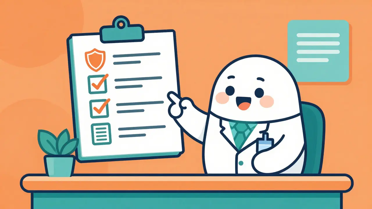 Friendly doctor pointing to safety checklist icons