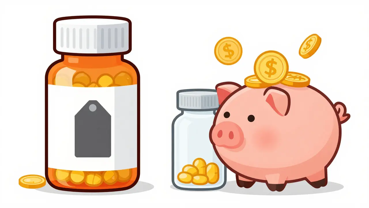 Illustration comparing expensive brand drug to affordable generic savings