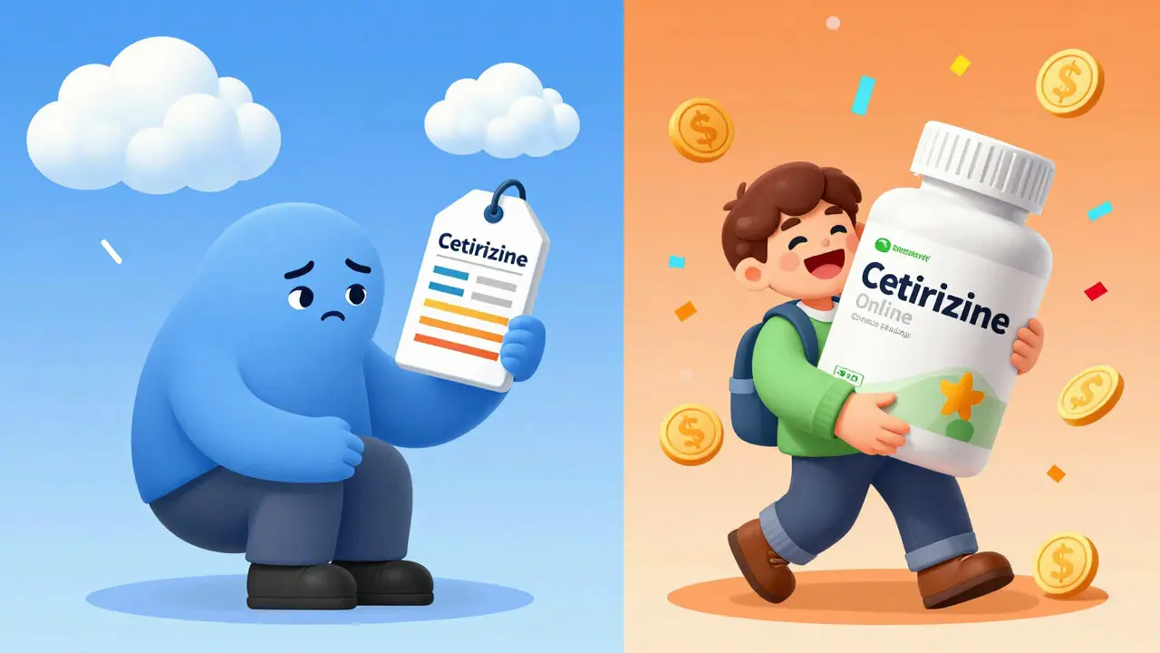 Illustration comparing high brand costs vs cheap generic savings