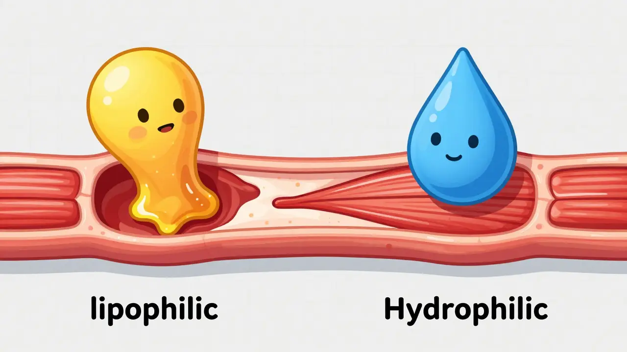 Illustration comparing how lipophilic and hydrophilic statins interact with muscle tissue