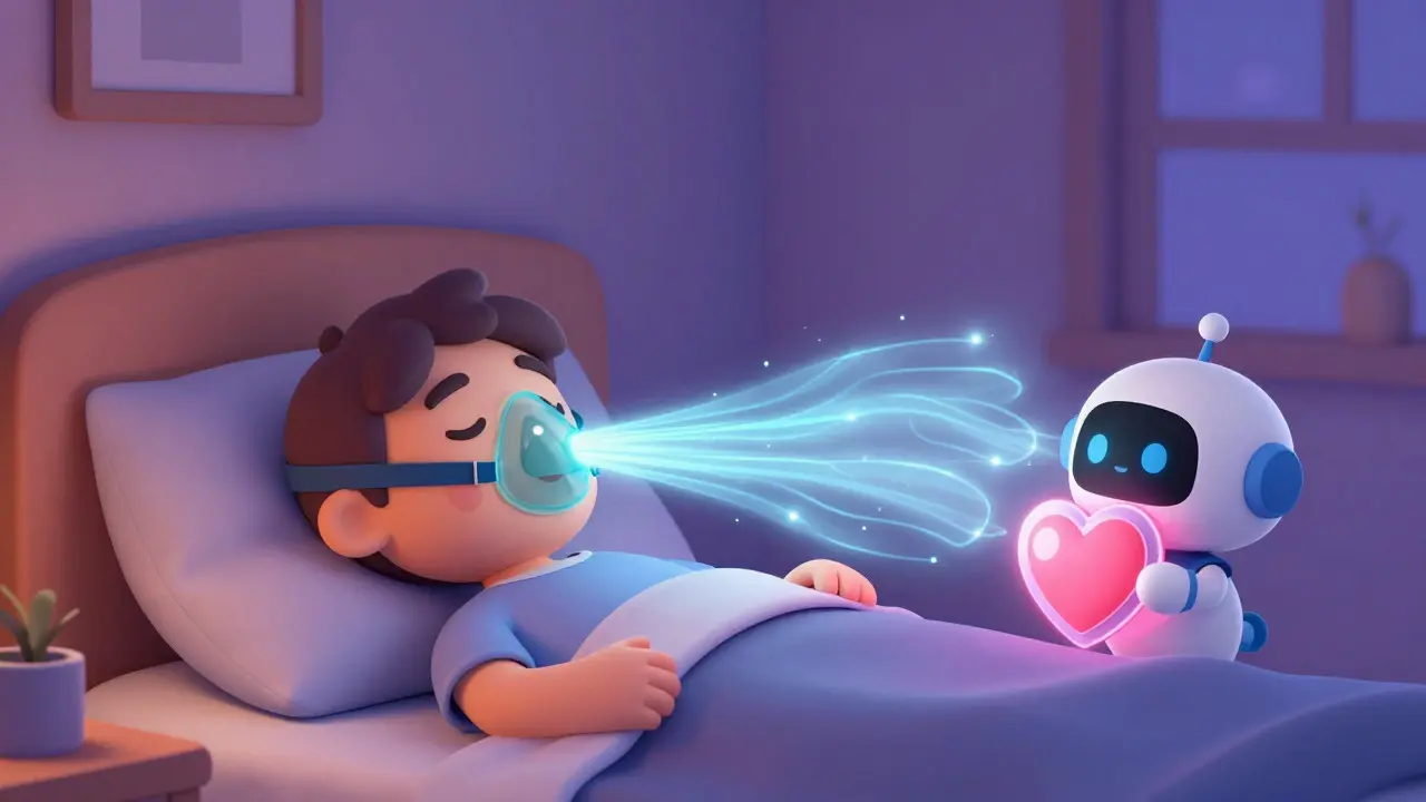 Illustration of a person using a CPAP machine to keep airways open and protect heart health