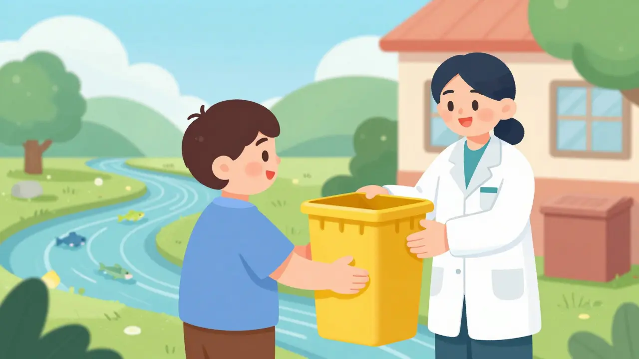 Patient handing waste bin to pharmacist near a safe, flowing river
