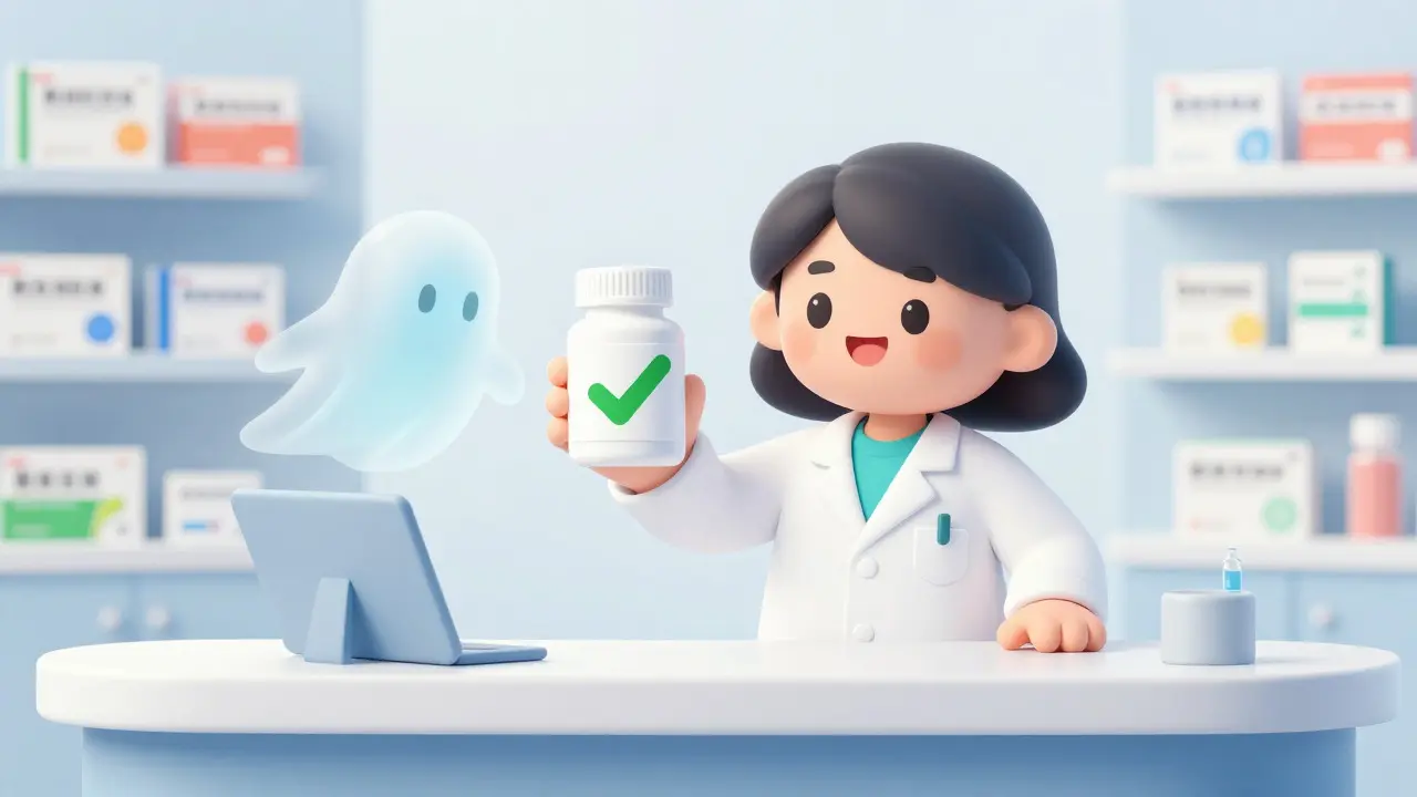 Pharmacist showing generic medicine with a green checkmark