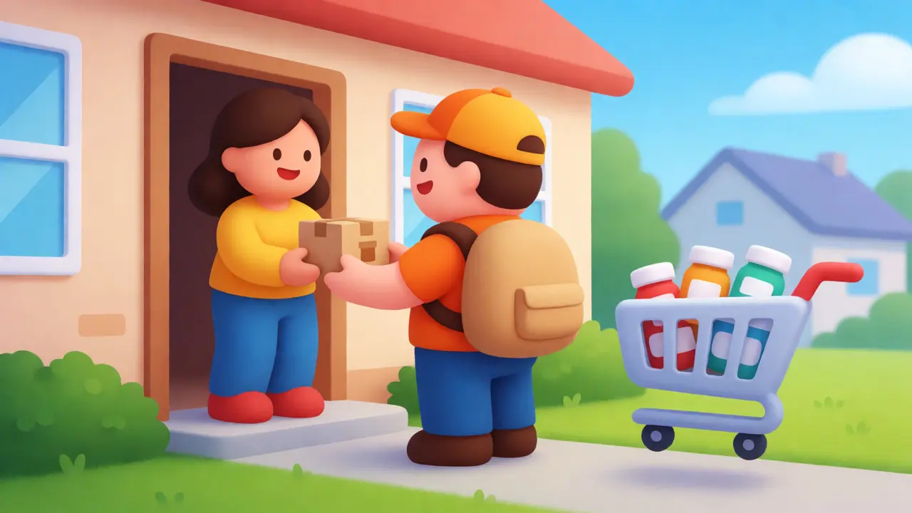 A delivery person handing a medication package to a homeowner outside their front door.