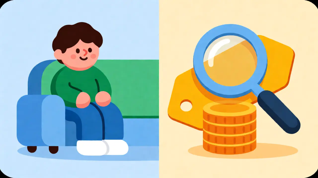 A split scene showing a relaxed person alongside symbols of money and value savings.