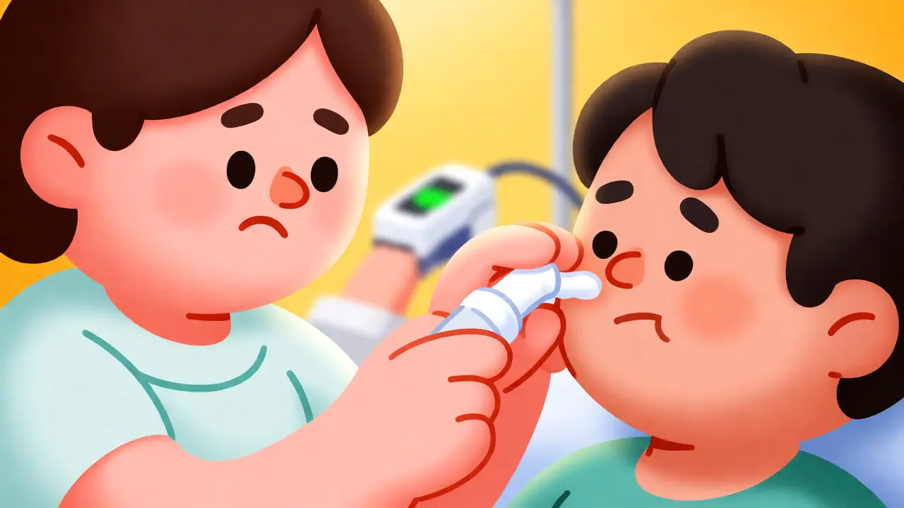 Caregiver administering naloxone nasal spray to a drowsy patient.