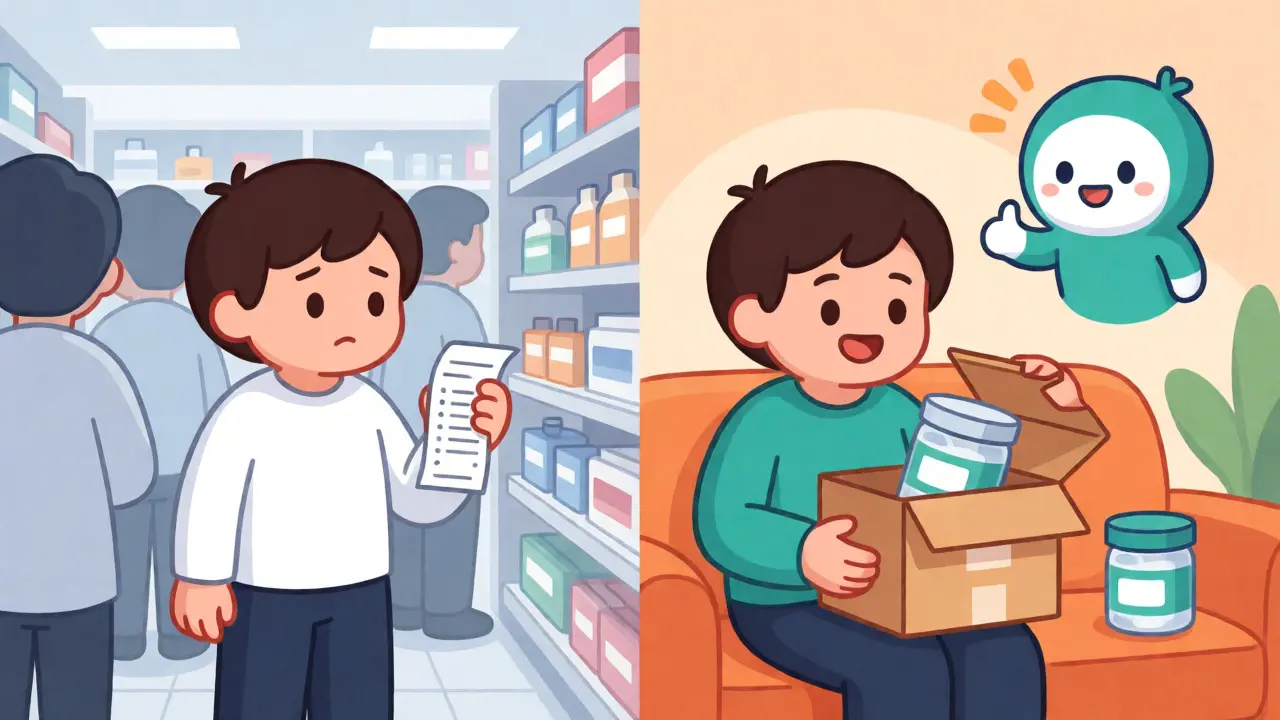 Illustration contrasting stressful pharmacy visits with comfortable online bulk deliveries
