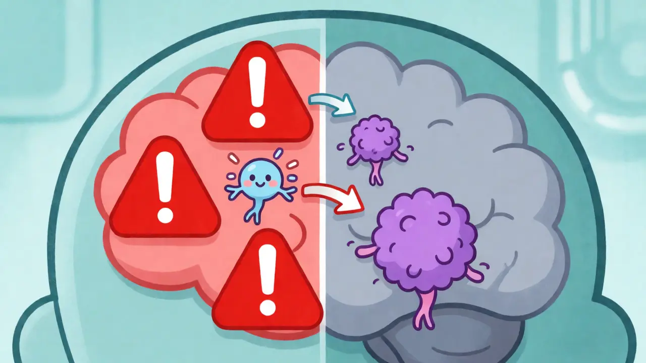 Illustration of opioid molecules blocking breathing signals in the brain.