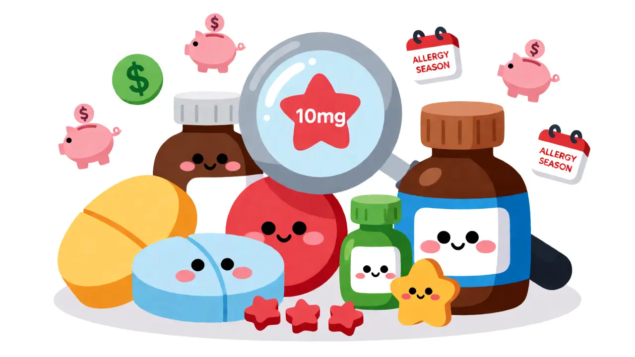Whimsical illustration of various loratadine pill forms and savings symbols